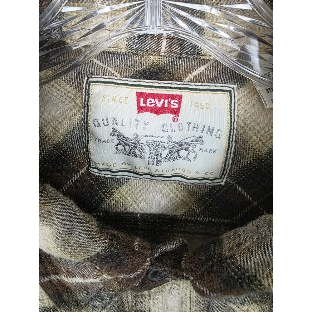 Levis Shirt Mens Large Brown Beige Plaid Button Up Flannel Western Workwear Warm